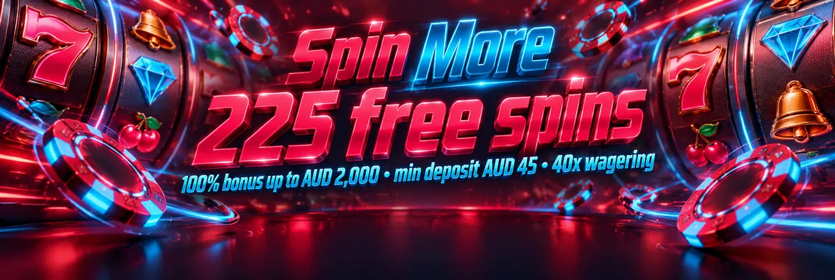 Wide Vincispin free spins banner showing a spinning casino-chip mascot beside vibrant slot reels and a 225 free spins offer.