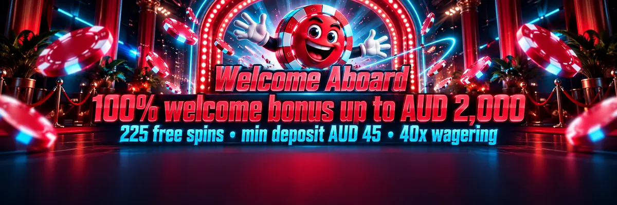 Wide Vincispin welcome bonus banner with a spinning casino-chip mascot, AUD 2,000 offer and free spins in pink and cyan neon styling.